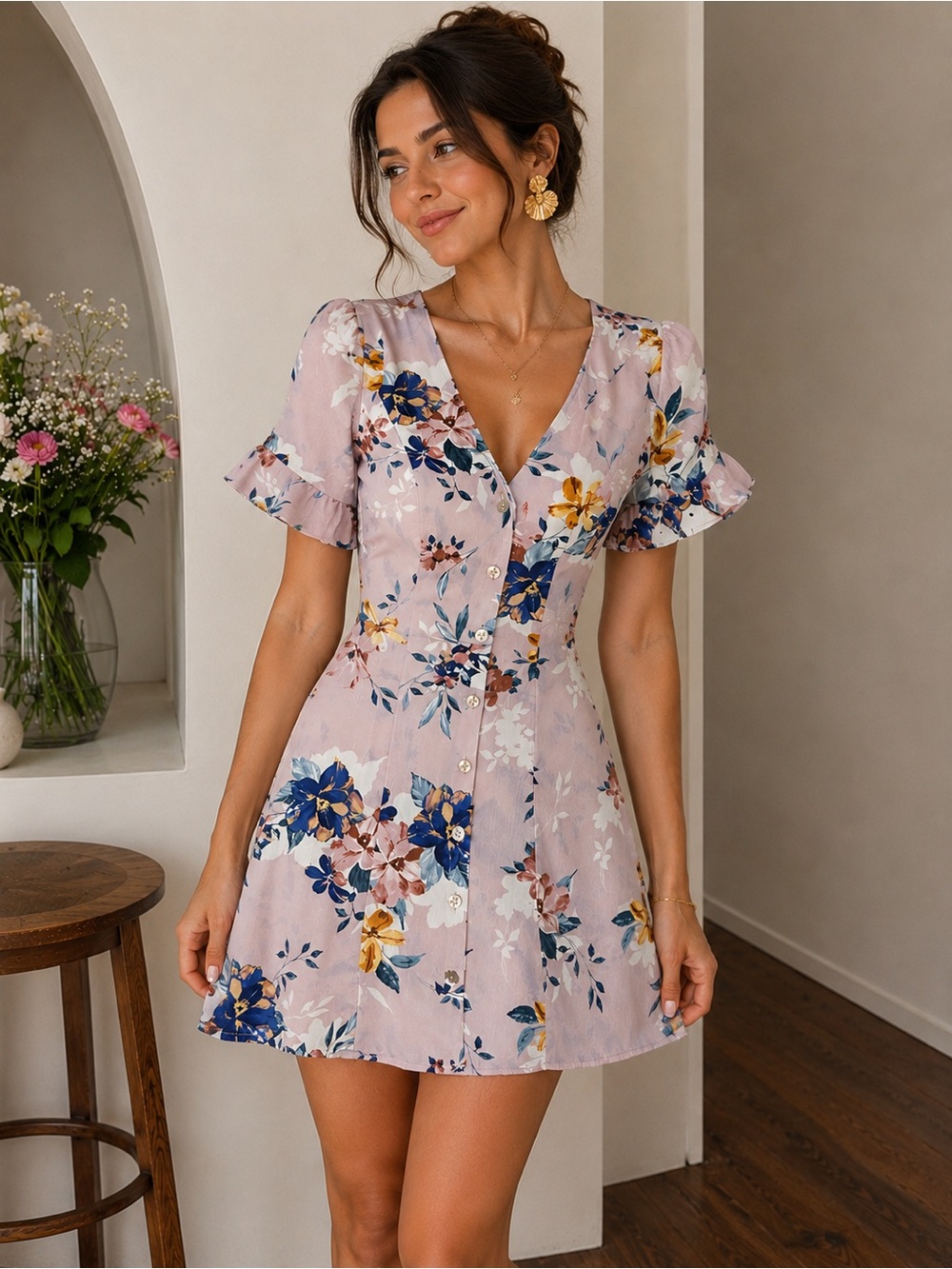 NWT Romantic Floral Mini Dress Pink Cottagecore Button Front XS